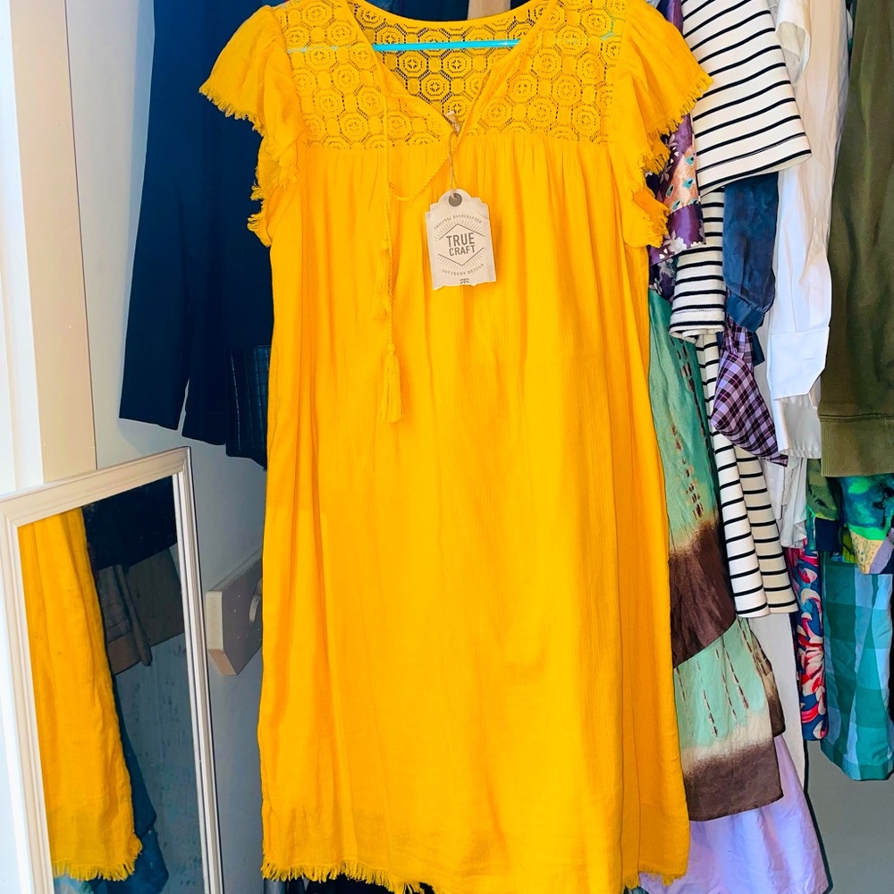 True Craft marigold yellow short sleeved cotton tunic top mini dress size S NWT